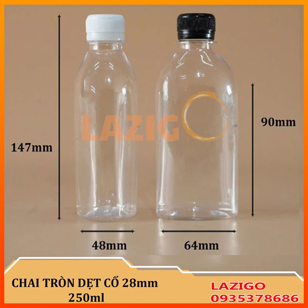 Chai Lọ Nhựa PET Tròn 250ml Dẹt Cổ 28mm